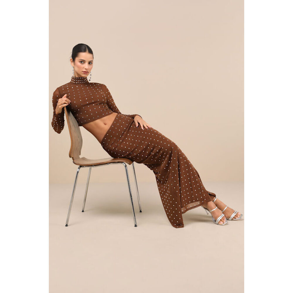 Incomparable Shine Brown Mesh Rhinestone Two-Piece Maxi Dress